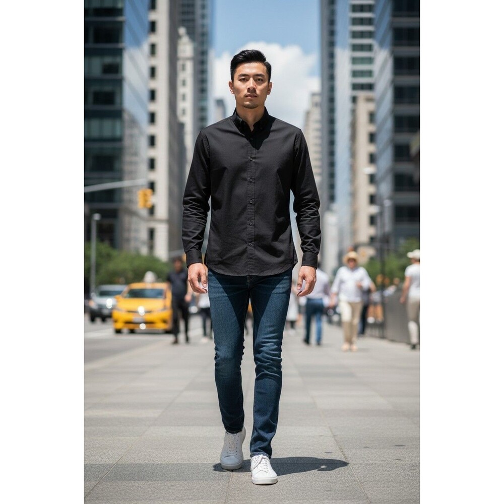 French Connection Men Shirt M Slim Navy Blue Long Sleeve Button Up
